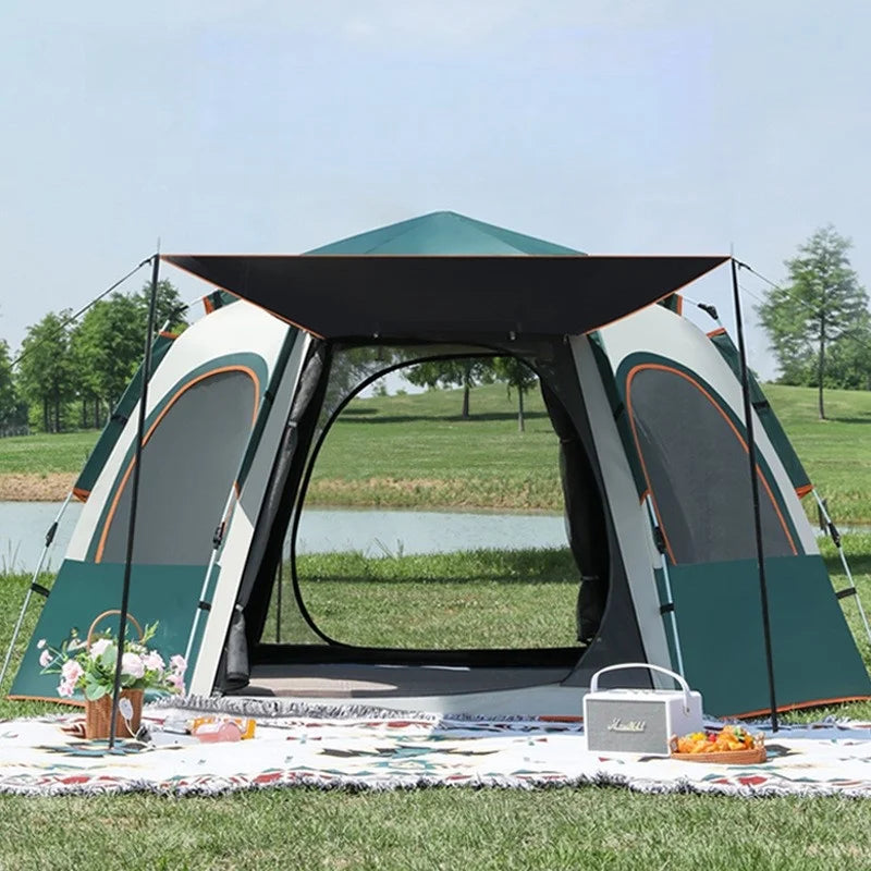 Hexagonal Auto-Open Camping Tent – 3–4 Person, Rainproof, Mosquito-Proof (S & L)