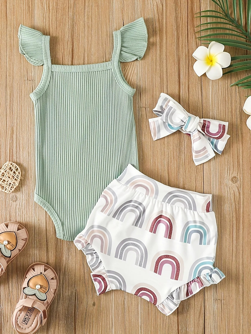 Baby Girl 3-Piece Summer Clothing Set | Sleeveless Bodysuit, Printed Shorts & Headband for Ages 0–12 Months