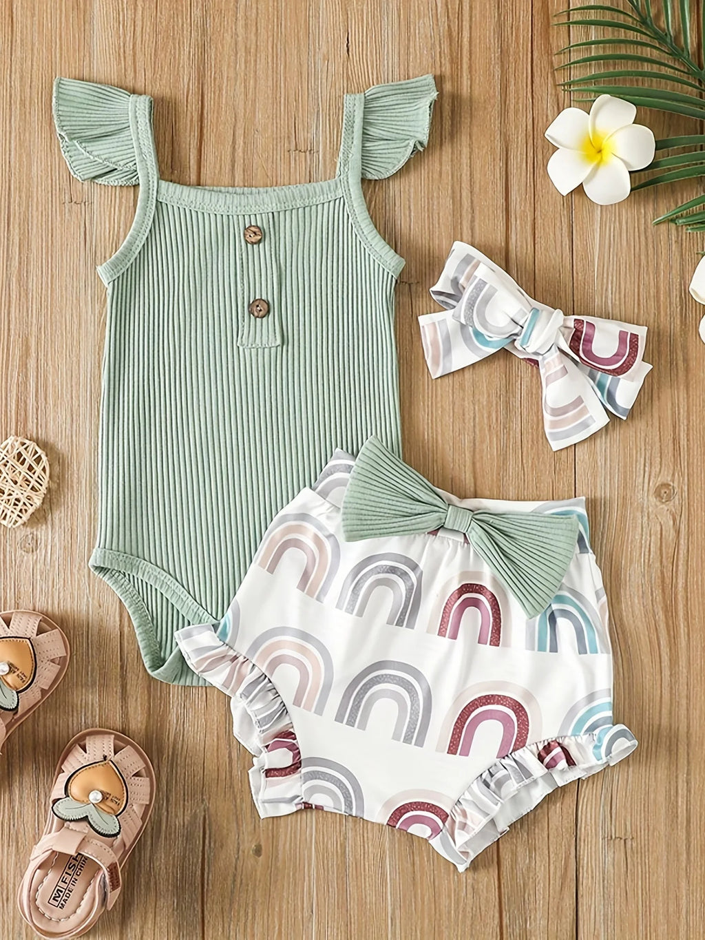 Baby Girl 3-Piece Summer Clothing Set | Sleeveless Bodysuit, Printed Shorts & Headband for Ages 0–12 Months