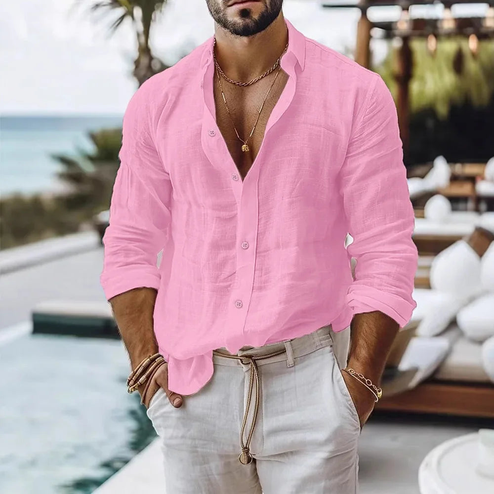 FURCW Men's Cotton-Linen Long Sleeve Beach Shirt — Breathable, Single Breasted | Summer Casual Button Shirt