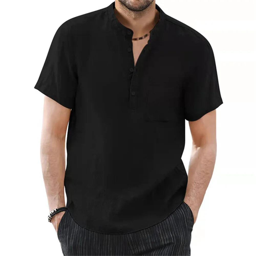 FURCW Men's Cotton-Linen Short Sleeve Shirt — Breathable, Solid Colour | Casual Summer T-Shirt