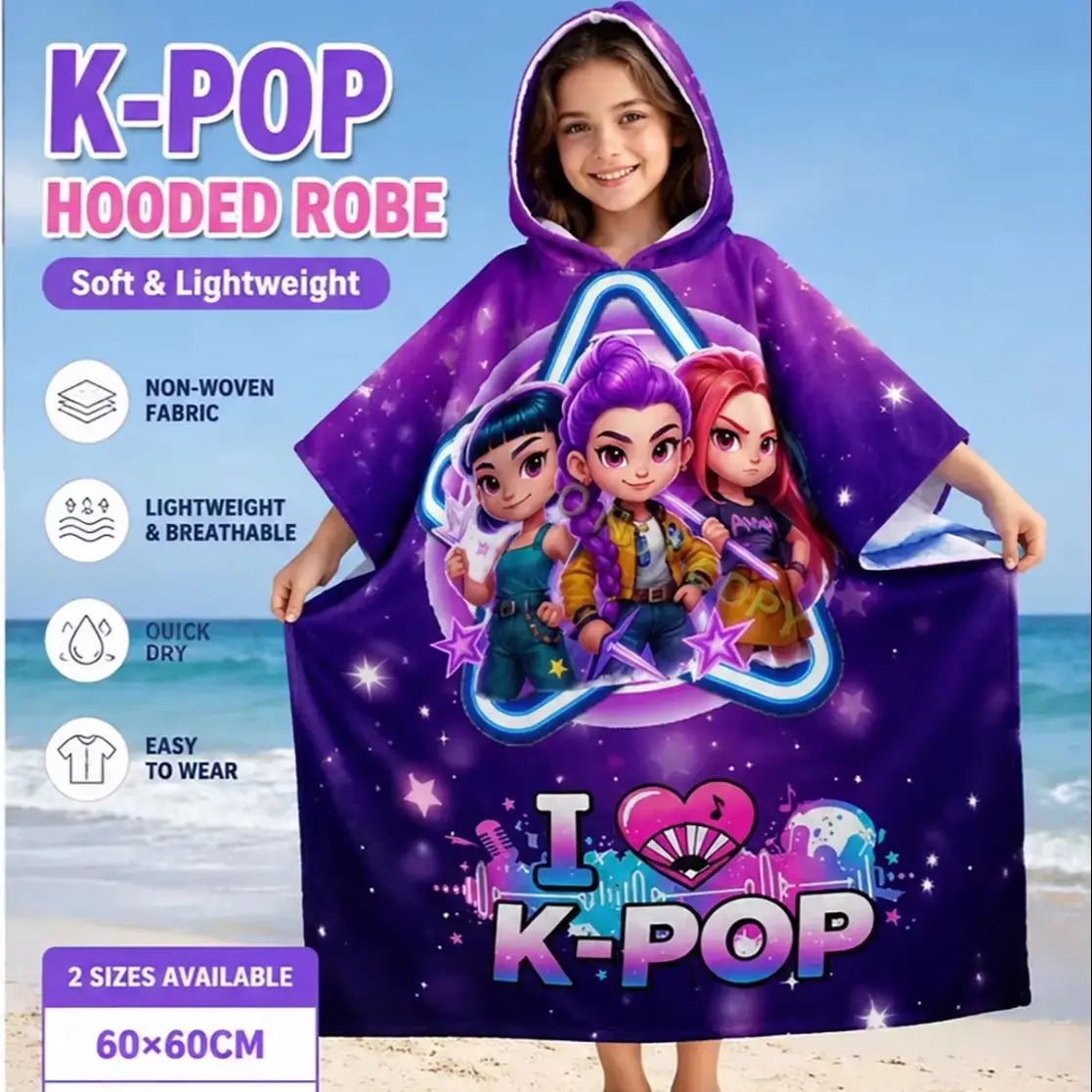 Kids Hooded Beach Towel Poncho – Purple Starry Girls Bath Robe for Swimming & Beach