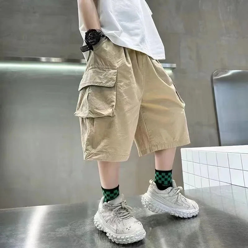 Boys Cotton Cargo Shorts | Big Pocket Summer Pants | Ages 3–14 | Purple & Khaki