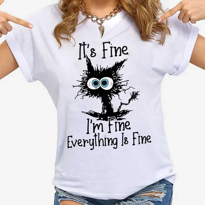 "It's Fine, I'm Fine" Cat Print T-Shirt – Funny Casual Women's Tee | S–XXXL