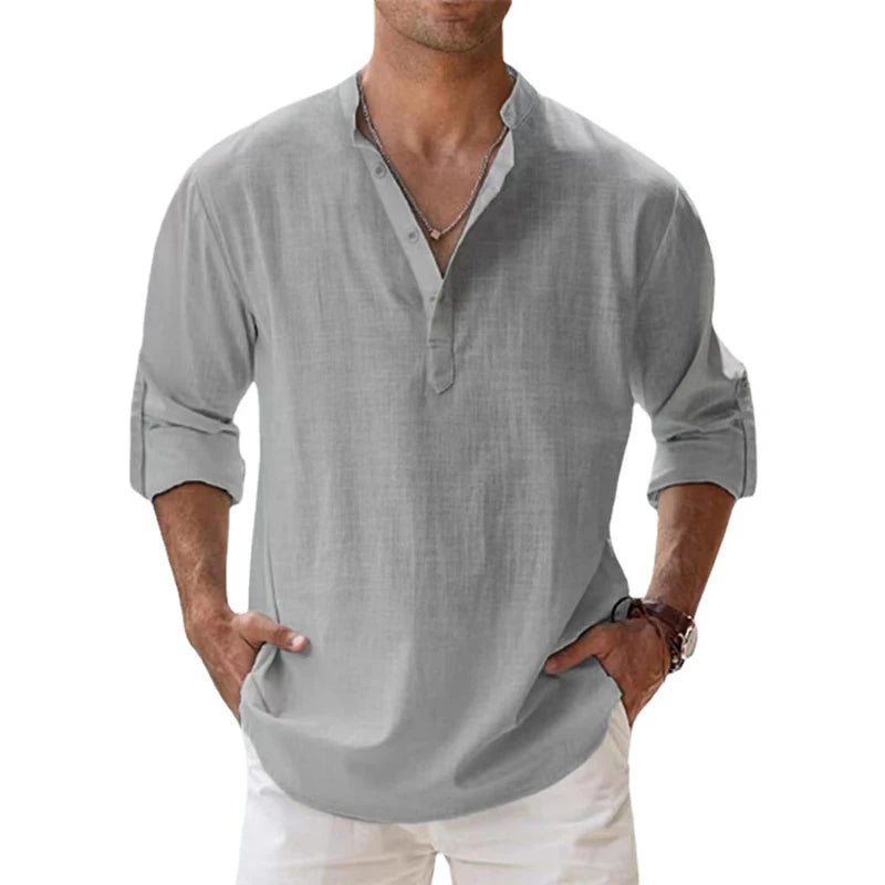 ANIMAL GAME Men's Cotton-Linen Henley Long Sleeve Shirt — Lightweight, Breathable | Beach & Casual Shirt