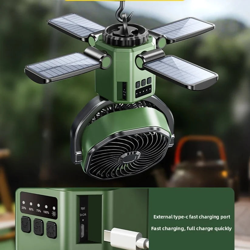 Solar Camping Fan with Auto-Shake & Ceiling Light – Portable Long-Lasting Outdoor Electric Fan
