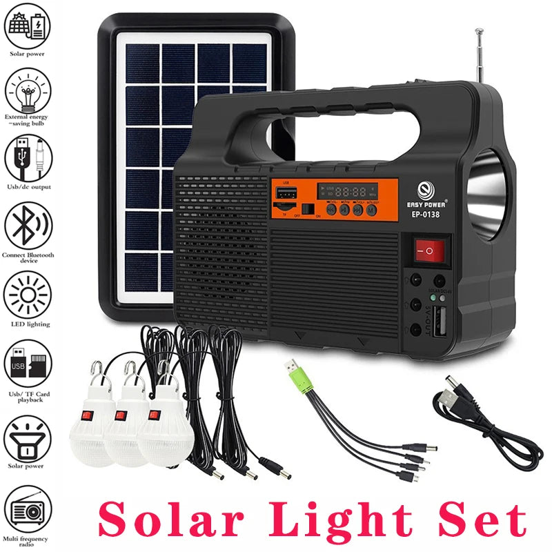 Solar Power Generator Kit – 3 LED Bulbs, FM Radio, Bluetooth Speaker & USB Charging for Camping & Load Shedding