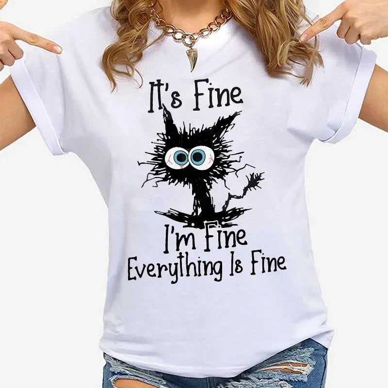"It's Fine, I'm Fine" Cat Print T-Shirt – Funny Casual Women's Tee | S–XXXL