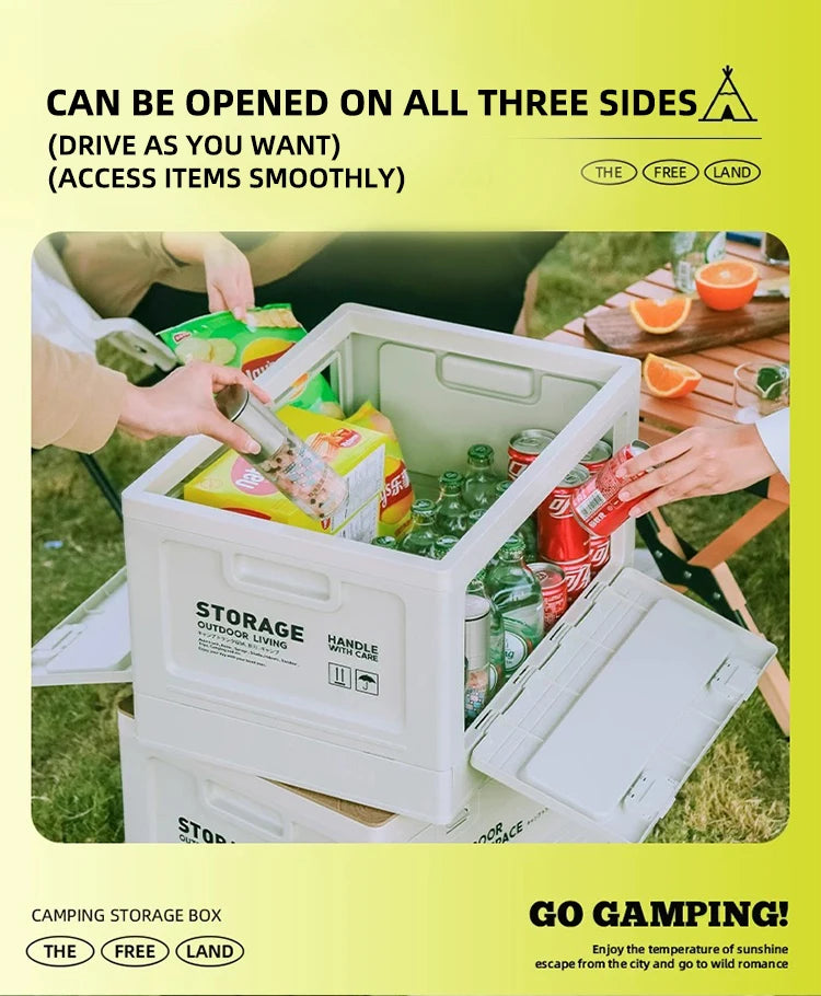 Foldable Camping Storage Box – Wooden Lid Organizer with Industrial Design for Car Trunk & Outdoor Use