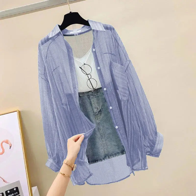 Women's Sheer Chiffon Cardigan Top – Loose Korean Harajuku Style Blouse | S–L