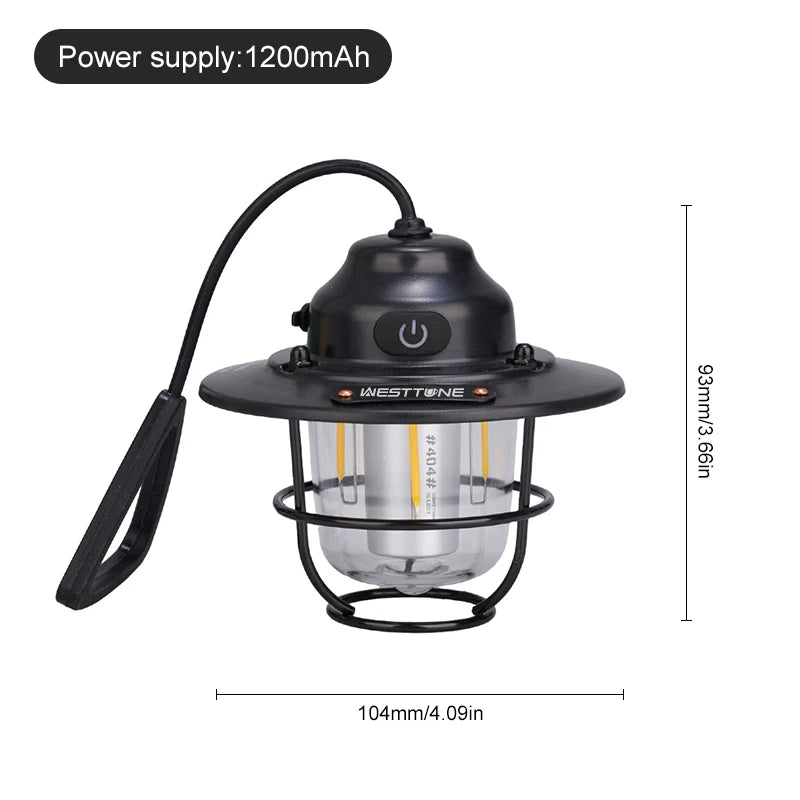 Retro Camping Lantern — Dimmable, Waterproof, 1200mAh | Hanging Tent Lamp for Camping, Hiking & Load Shedding