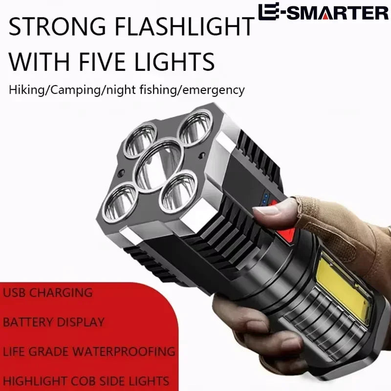 5-LED Rechargeable Camping Spotlight – 3 Modes with Side Light