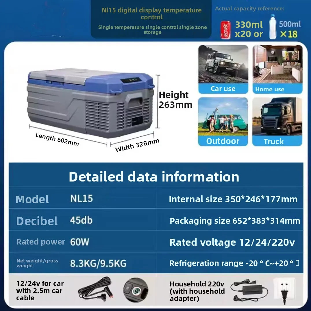 15L Portable Car Freezer | 12V/24V/220V Quiet Compressor Fridge (-20°C to 20°C)