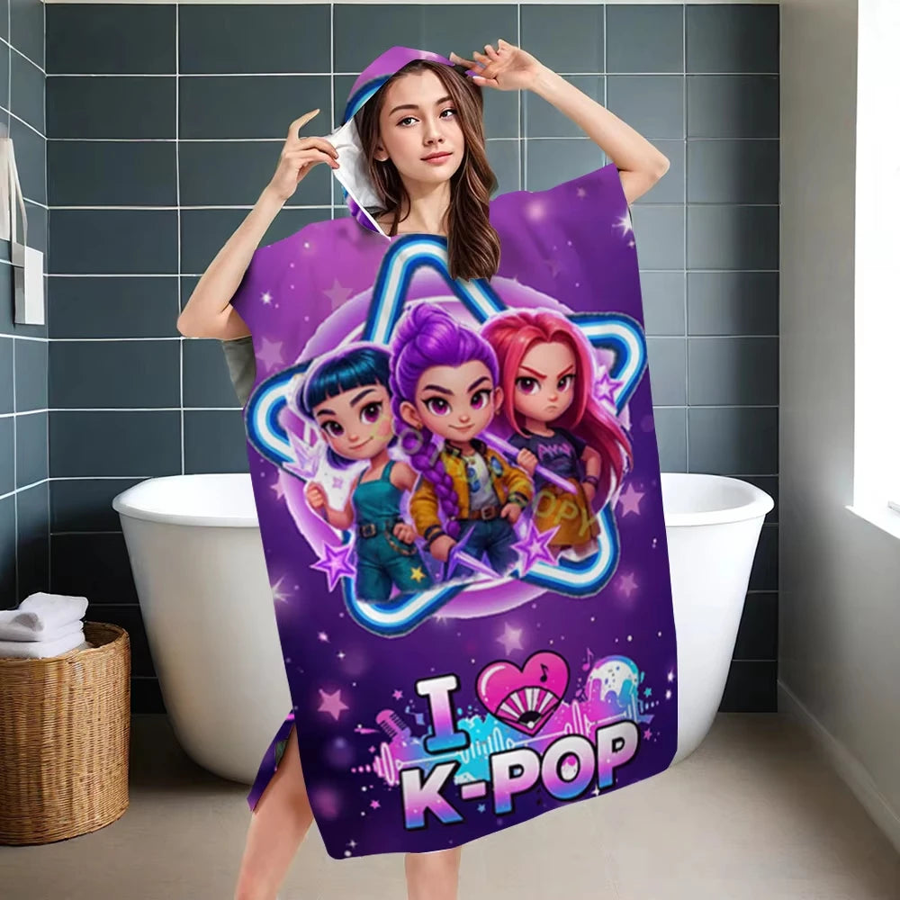 Kids Hooded Beach Towel Poncho – Purple Starry Girls Bath Robe for Swimming & Beach