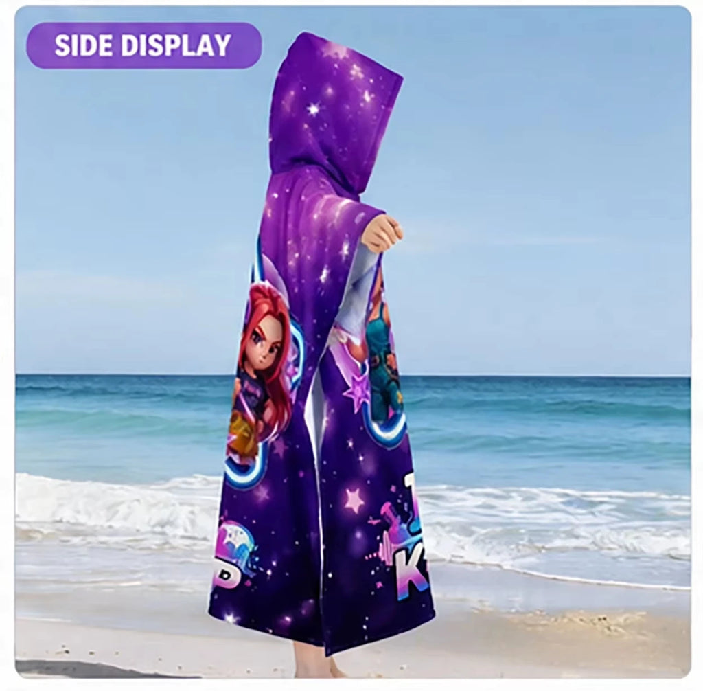 Kids Hooded Beach Towel Poncho – Purple Starry Girls Bath Robe for Swimming & Beach