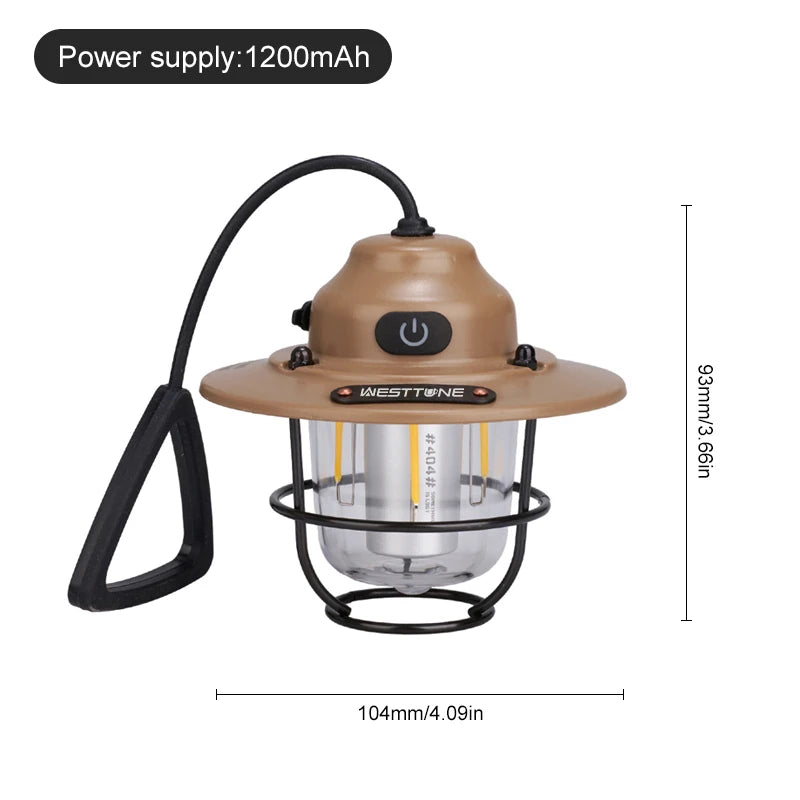Retro Camping Lantern — Dimmable, Waterproof, 1200mAh | Hanging Tent Lamp for Camping, Hiking & Load Shedding