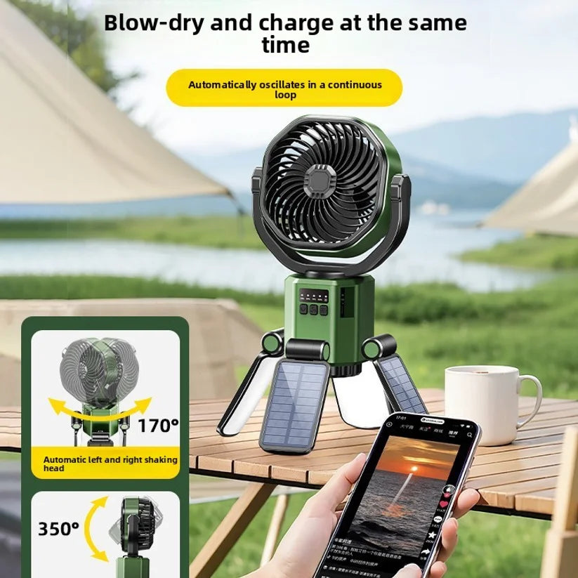 Solar Camping Fan with Auto-Shake & Ceiling Light – Portable Long-Lasting Outdoor Electric Fan