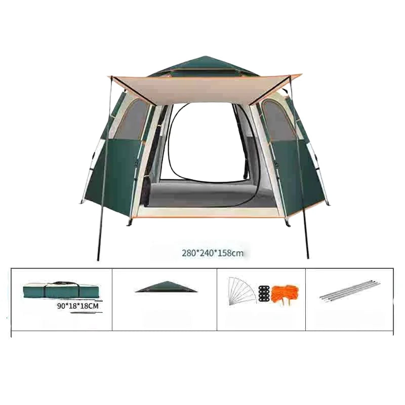 Hexagonal Auto-Open Camping Tent – 3–4 Person, Rainproof, Mosquito-Proof (S & L)
