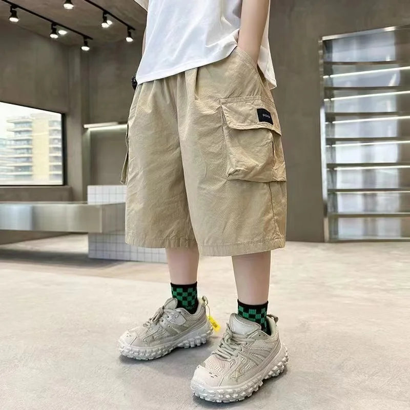 Boys Cotton Cargo Shorts | Big Pocket Summer Pants | Ages 3–14 | Purple & Khaki