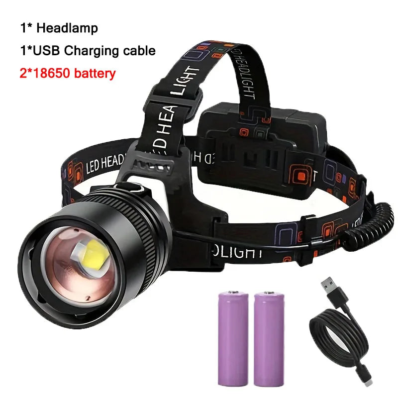 Aluminium Alloy LED Headlamp — High Lumen, Zoomable, 3 Modes | Rechargeable Camping, Hunting & Fishing Headlight