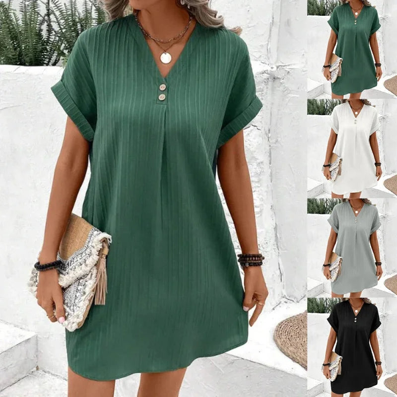 Women's V-Neck T-Shirt Sundress – Loose Short Sleeve Beach Dress | S–XXXL