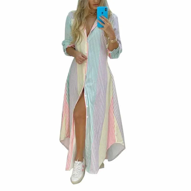 Women's Printed Shirt Dress – Lapel, Long Irregular Hem | S–XL