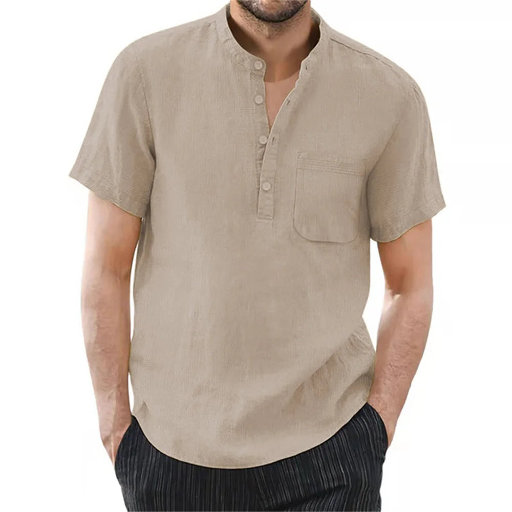 FURCW Men's Cotton-Linen Short Sleeve Shirt — Breathable, Solid Colour | Casual Summer T-Shirt