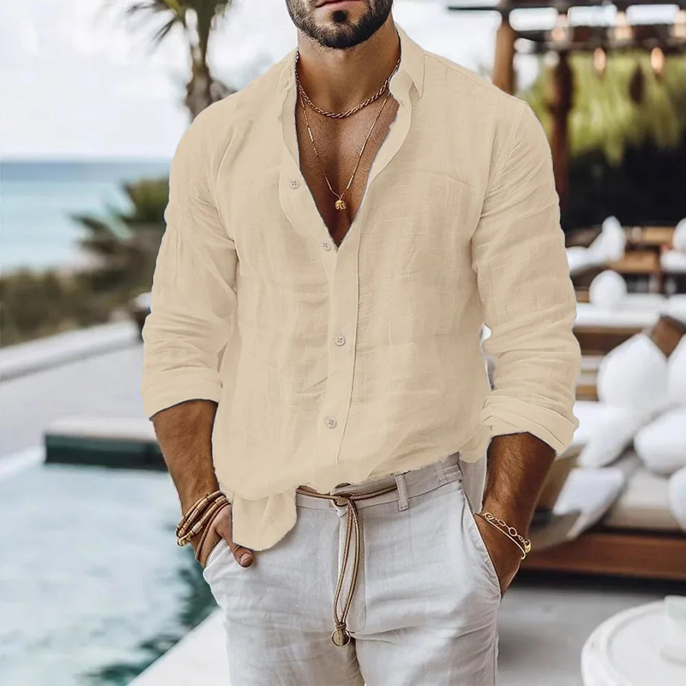 FURCW Men's Cotton-Linen Long Sleeve Beach Shirt — Breathable, Single Breasted | Summer Casual Button Shirt