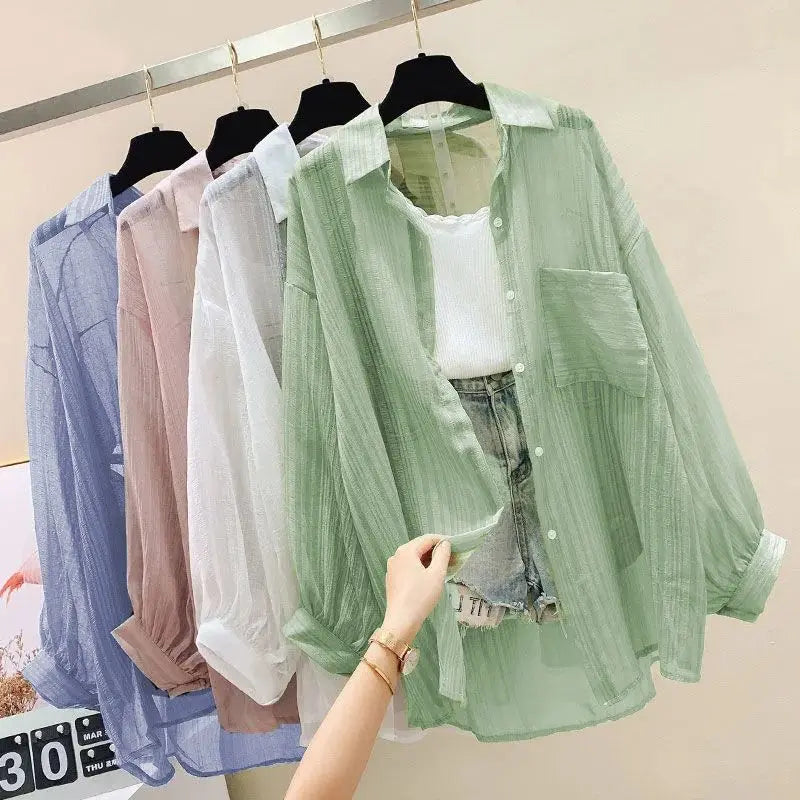 Women's Sheer Chiffon Cardigan Top – Loose Korean Harajuku Style Blouse | S–L