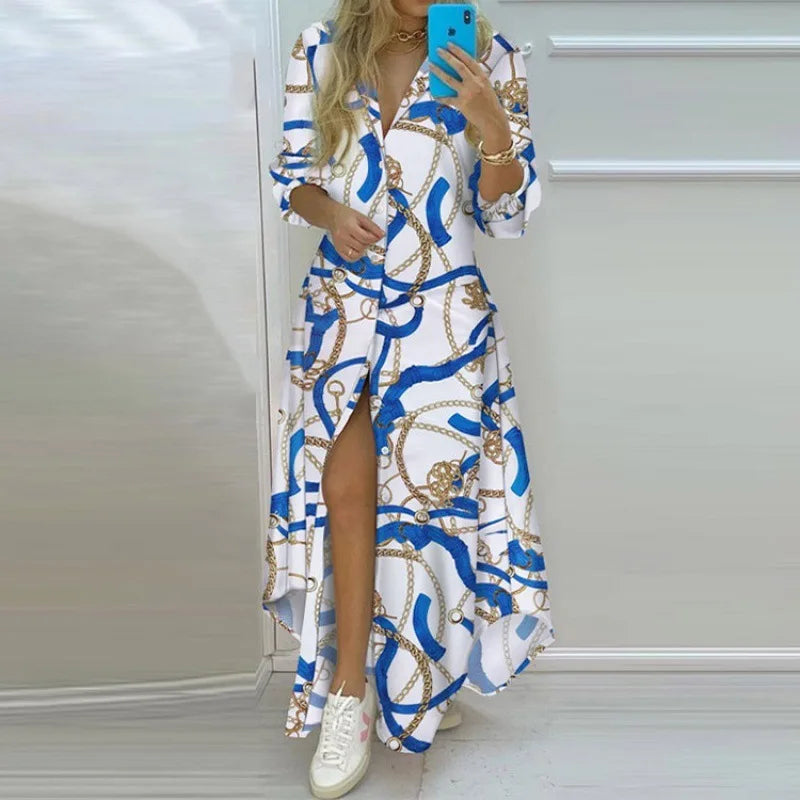 Women's Printed Shirt Dress – Lapel, Long Irregular Hem | S–XL
