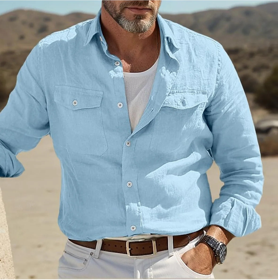 Men's Cotton-Blend Long Sleeve Casual Shirt — Turn-Down Collar, Single Breasted | Business & Gentleman Style