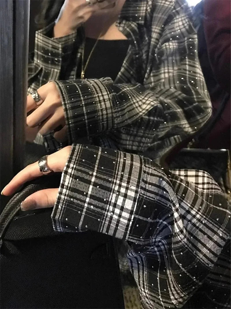 Women's Rhinestone Plaid Loose Shirt – Shiny Single-Breasted Casual Blouse | M–XXXL
