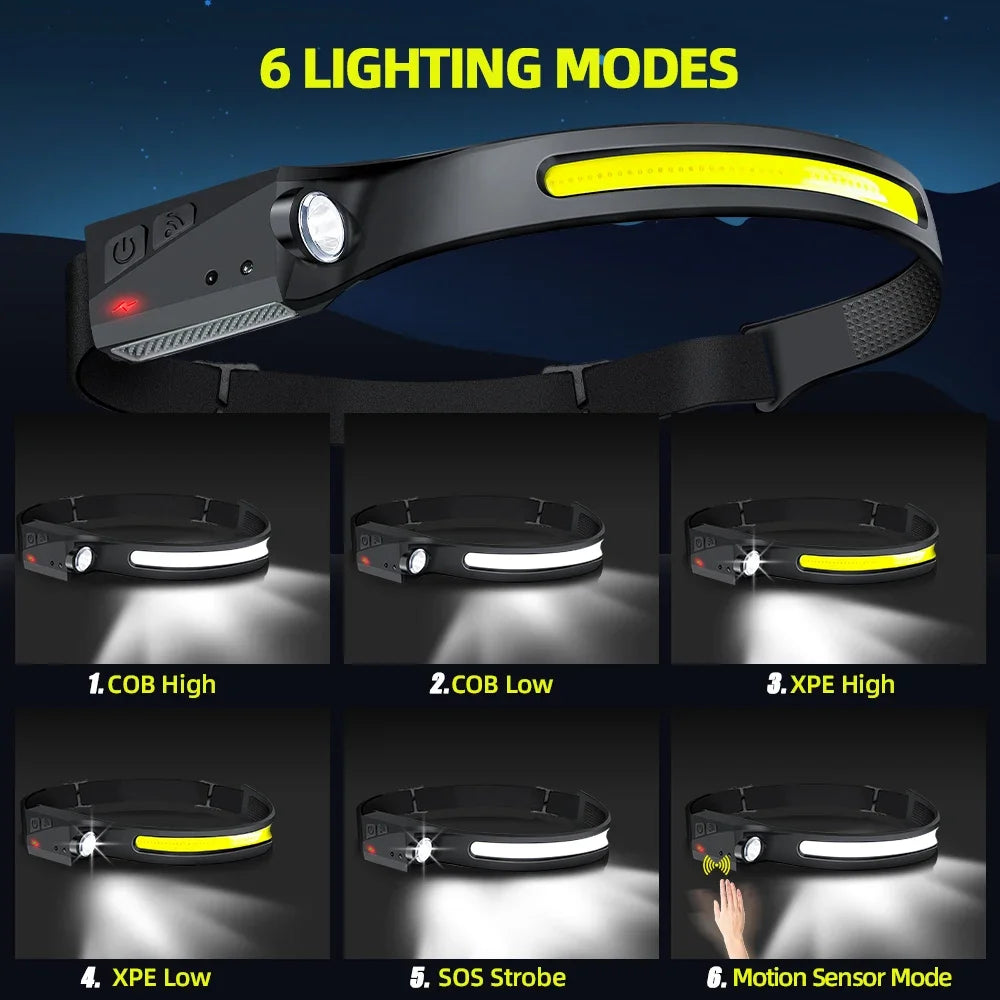 LED Induction Headlamp — 230° Wide Beam, 6 Modes, Motion Sensor | USB Rechargeable, Waterproof