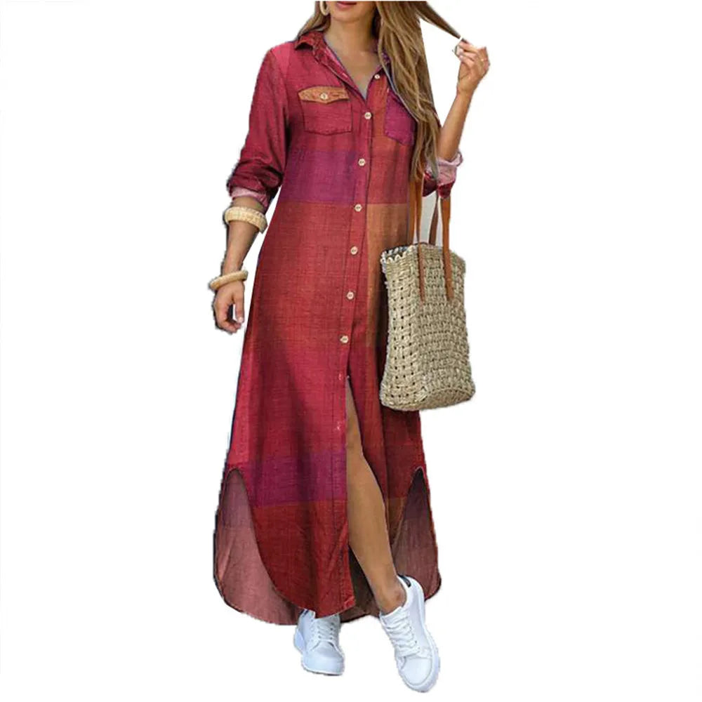Women's Printed Long Shirt Dress – Loose Lapel Single-Breasted | S–XXXL