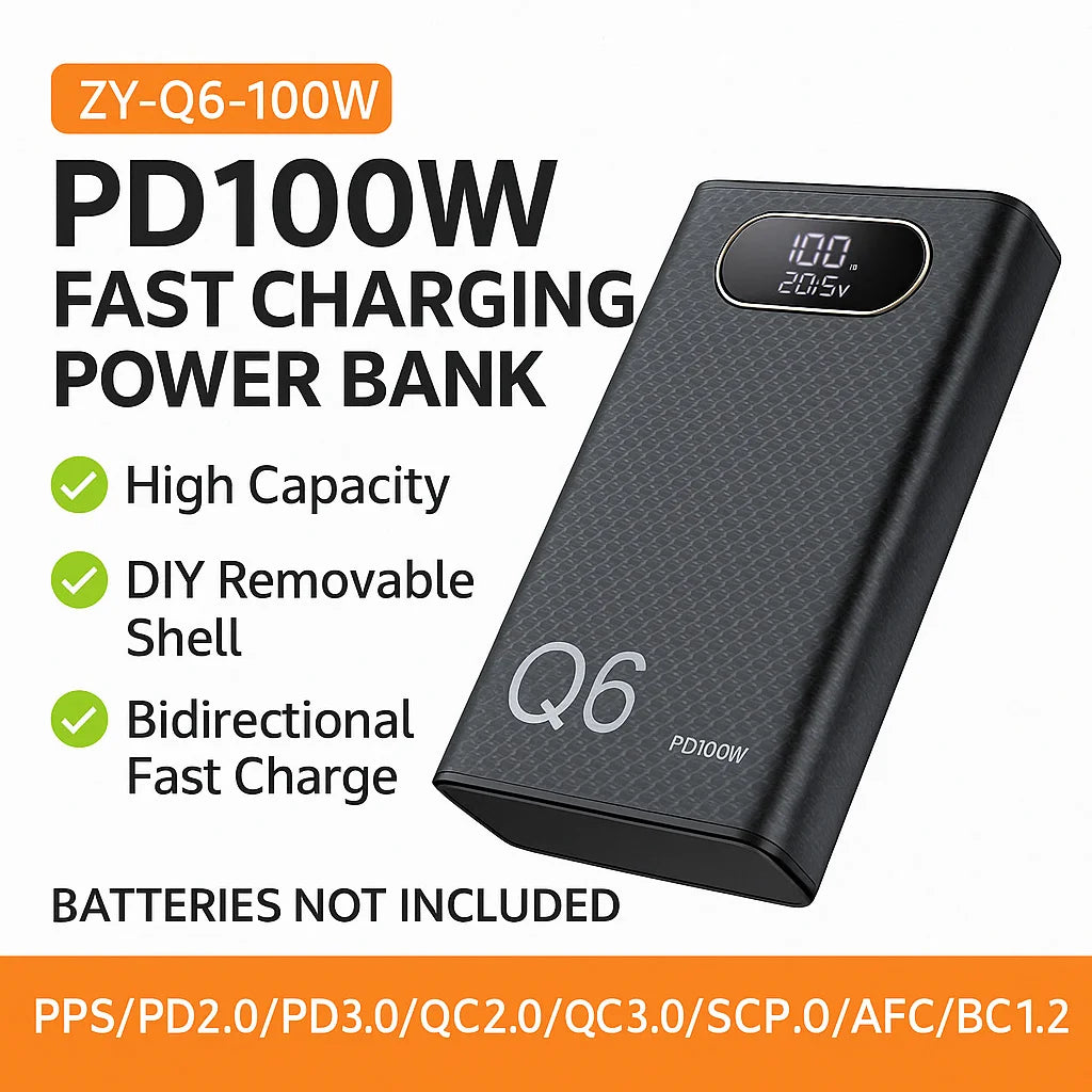 BSIDE ZY-Q6 100W Power Bank DIY Kit – PD Fast Charging, 6× 21700 Cells, No Soldering (Black & White)