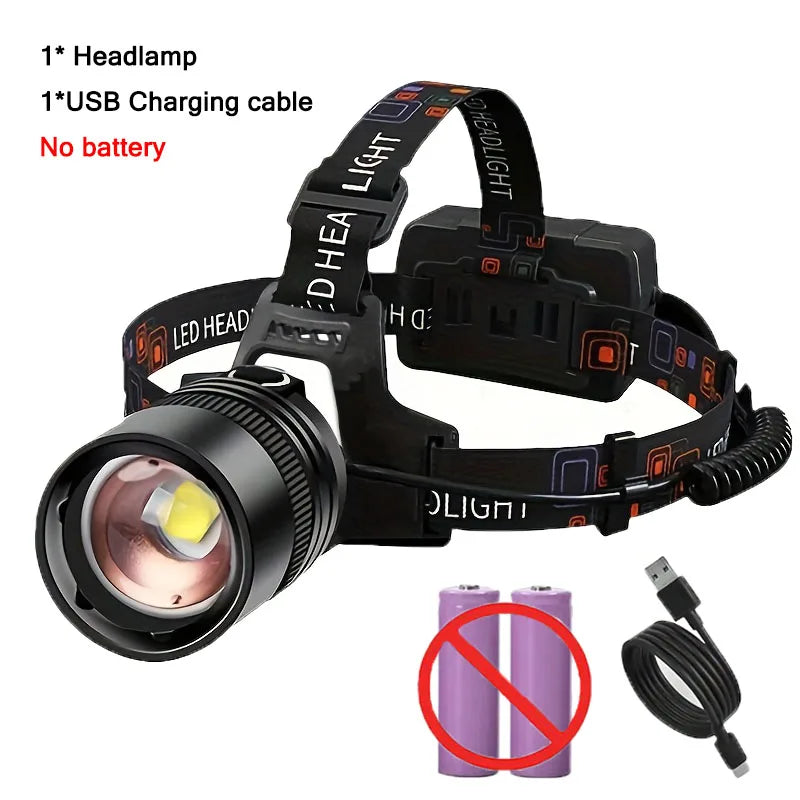 Aluminium Alloy LED Headlamp — High Lumen, Zoomable, 3 Modes | Rechargeable Camping, Hunting & Fishing Headlight