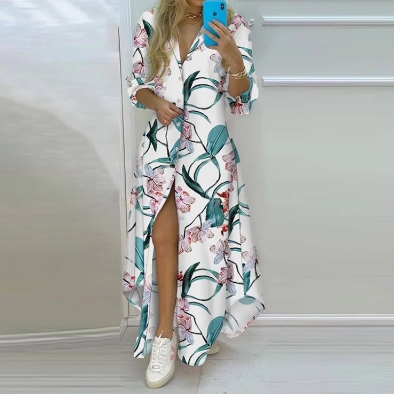 Women's Printed Shirt Dress – Lapel, Long Irregular Hem | S–XL