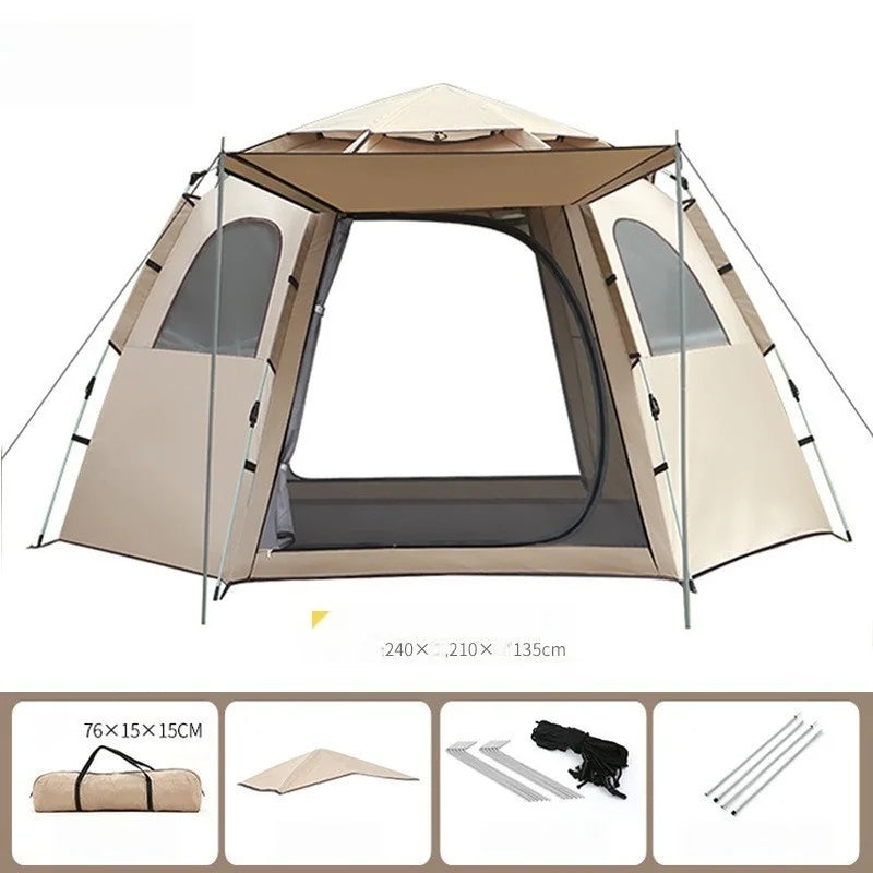 Hexagonal Auto-Open Camping Tent – 3–4 Person, Rainproof, Mosquito-Proof (S & L)