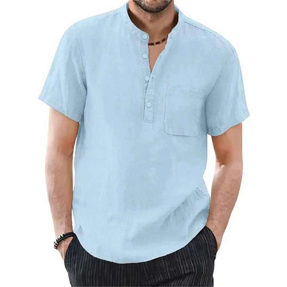 FURCW Men's Cotton-Linen Short Sleeve Shirt — Breathable, Solid Colour | Casual Summer T-Shirt