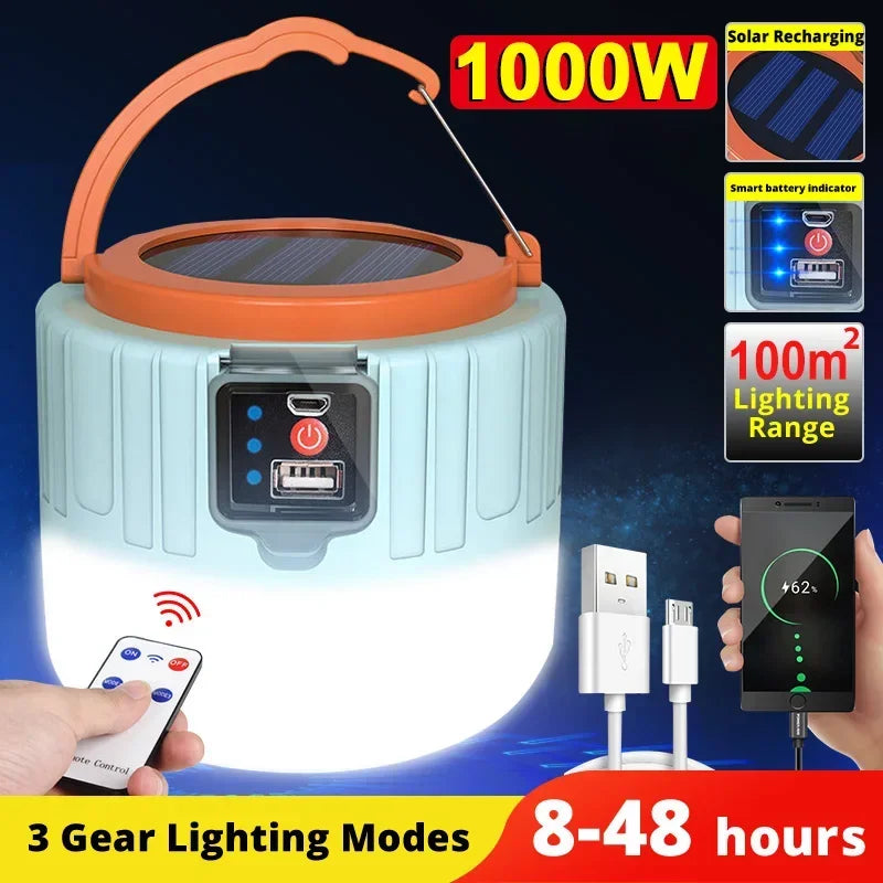 LED Camping Lantern with Remote Control & Power Bank — Solar/USB Rechargeable, Waterproof