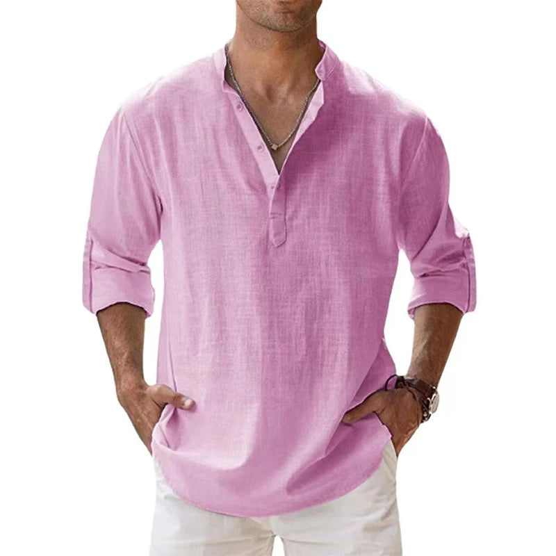 ANIMAL GAME Men's Cotton-Linen Henley Long Sleeve Shirt — Lightweight, Breathable | Beach & Casual Shirt