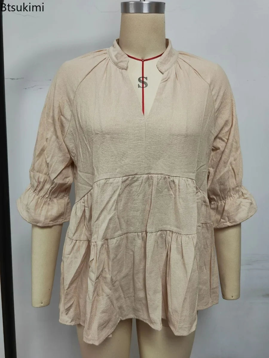 Women's V-Neck Pleated Loose Blouse – Casual Spring Summer Short Top | S–XXL