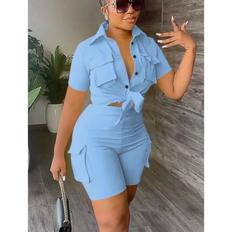 Women's Two-Piece Shorts Set – Short Sleeve Shirt & Casual Pocket Shorts | Streetwear | S–XXL