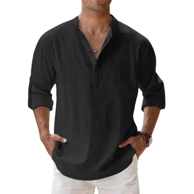 ANIMAL GAME Men's Cotton-Linen Henley Long Sleeve Shirt — Lightweight, Breathable | Beach & Casual Shirt