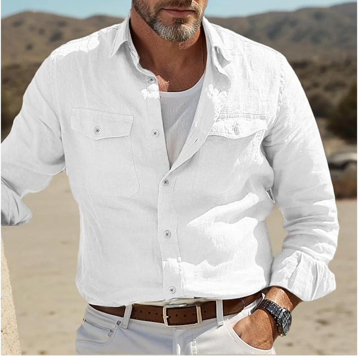 Men's Cotton-Blend Long Sleeve Casual Shirt — Turn-Down Collar, Single Breasted | Business & Gentleman Style