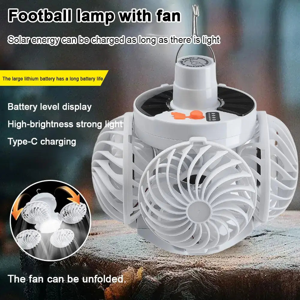 Solar Powered Camping Fan with LED Lantern – Rechargeable USB Hanging Tent Light & Ventilator