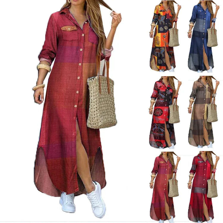 Women's Printed Long Shirt Dress – Loose Lapel Single-Breasted | S–XXXL