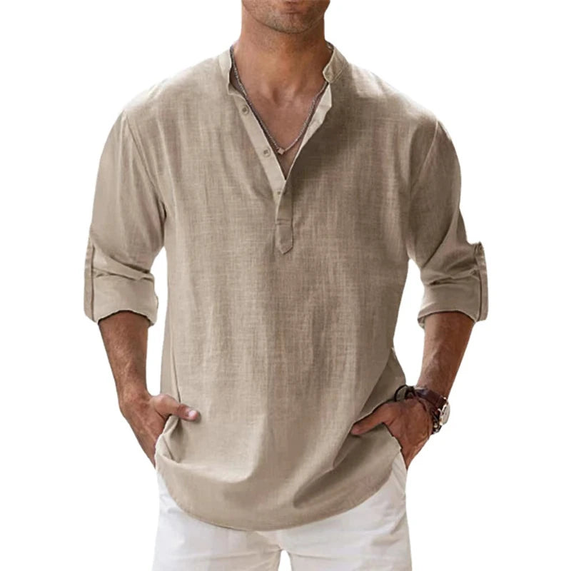 ANIMAL GAME Men's Cotton-Linen Henley Long Sleeve Shirt — Lightweight, Breathable | Beach & Casual Shirt