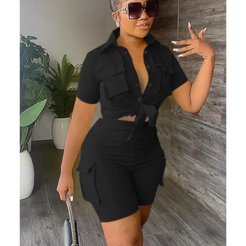 Women's Two-Piece Shorts Set – Short Sleeve Shirt & Casual Pocket Shorts | Streetwear | S–XXL