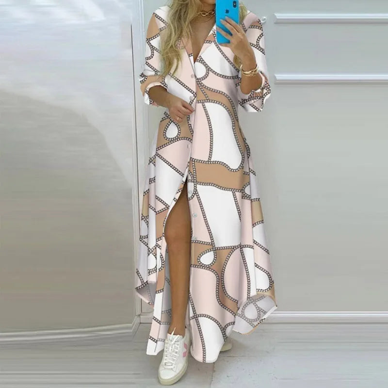 Women's Printed Shirt Dress – Lapel, Long Irregular Hem | S–XL